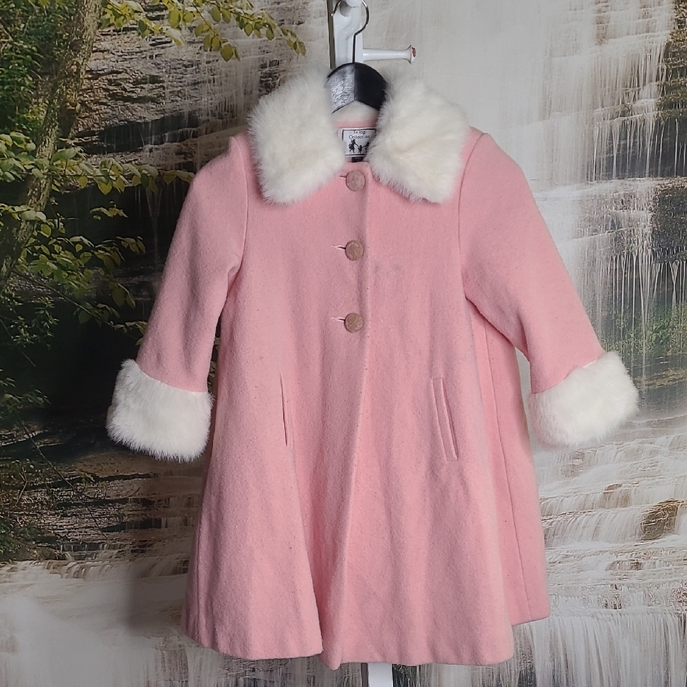 Trilogi Girls 6X Formal Elegant Pink Wool Button Up Coat Faux Fur White Trim